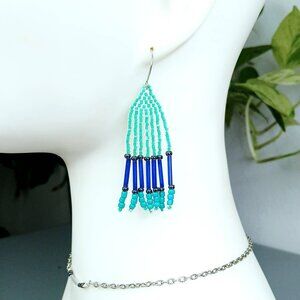 BOGO EARRINGS - Blue and green beaded boho fringe dangle earrings, 2.75"